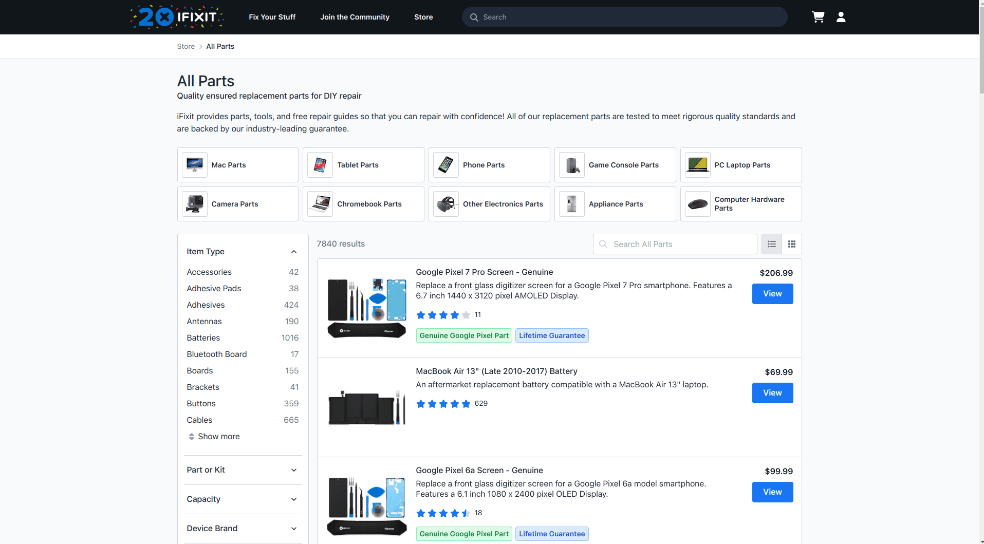 iFixit's product collection page.